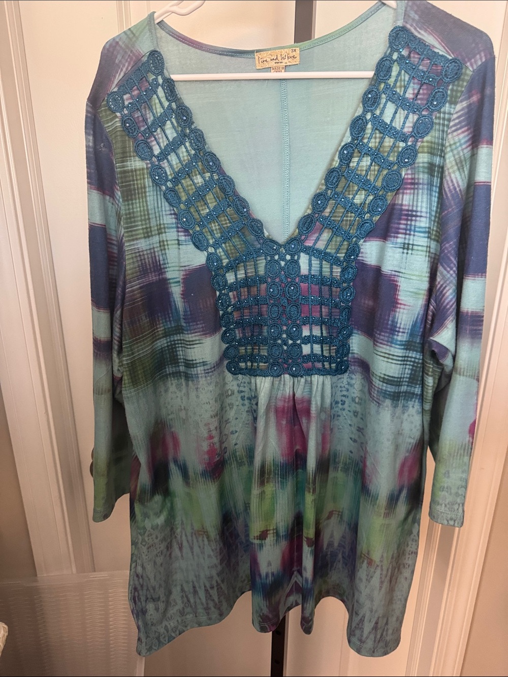 live and let live Aqua Multi Crochet-Trim V-Neck Tunic